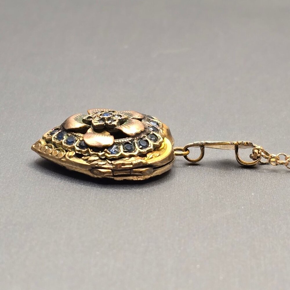 Victorian 12K Gold Filled Heart Locket Necklace Old Mine Cut Blue Paste Stones - Picture 5 of 16